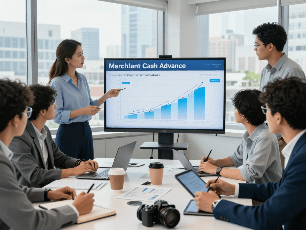 Merchant cash advance bad credit solutions discussed in a professional finance office with team collaboration.