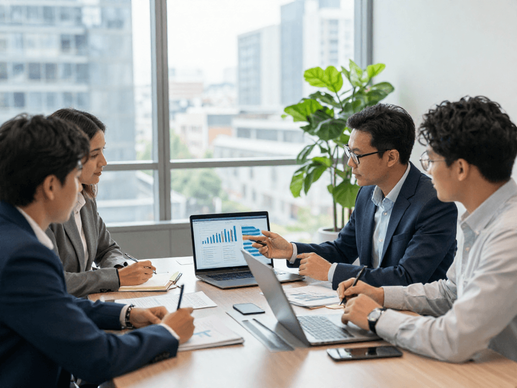 Apply for merchant cash advance: Business professionals discussing funding options in a modern office.